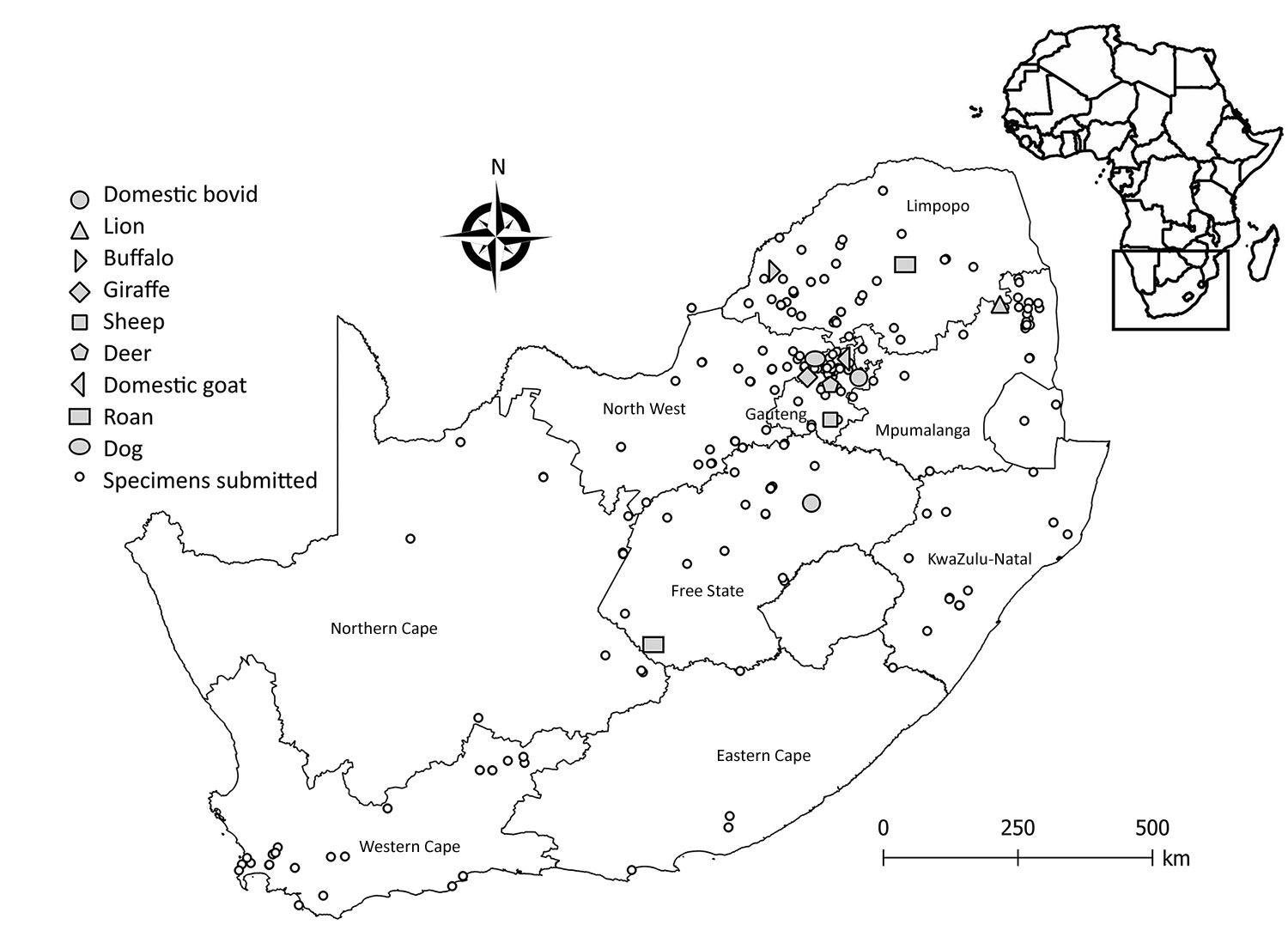 Areas where West Nile virus infections were detected in wildlife and nonequine domestic animals, South Africa, 2010–2018. Insert indicates location of South Africa in Africa.