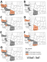 Thumbnail of Counties with collection and testing of unfed, field-collected Ixodes pacificus ticks and pathogen detections, Washington, USA, 2011–2016. A) Anaplasma phagocytophilum; B) Borrelia bissettiae; C) B. burgdorferi sensu lato; D) B. burgdorferi sensu stricto; E) B. lanei; F) B. miyamotoi; G) Borrelia species.