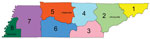 Thumbnail of Emergency Medical Services (EMS) regions in Tennessee, USA: 1) Northeast; 2) East; 3) Southeast; 4) Upper Cumberland; 5) Mid-Cumberland; 6) South Central; 7) West; and 8) Memphis-Delta. The 8 EMS regions represent the referral patterns for EMS services and hospitals and for coordination for emergency preparedness activities. The Tennessee Department of Health uses EMS regions to aggregate multidrug-resistant organisms surveillance data. Stars indicate metropolitan areas within EMS r