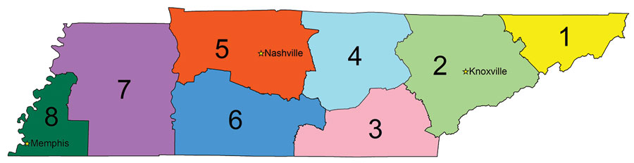 Emergency Medical Services (EMS) regions in Tennessee, USA: 1) Northeast; 2) East; 3) Southeast; 4) Upper Cumberland; 5) Mid-Cumberland; 6) South Central; 7) West; and 8) Memphis-Delta. The 8 EMS regions represent the referral patterns for EMS services and hospitals and for coordination for emergency preparedness activities. The Tennessee Department of Health uses EMS regions to aggregate multidrug-resistant organisms surveillance data. Stars indicate metropolitan areas within EMS regions.