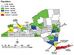 Thumbnail of Dispersion of listeriosis cases, New York State (excluding New York City), November 1996–June 2000. Comparison of New York State population base overlaid with temporal listeriosis clusters from Table 1 (indicated by letter; defined by ribotype and pulsed-field gel electrophoresis type). Cases per county and annualized rate per 100,000 (in parentheses) are shown. New York City listeriosis data are not included in this study.