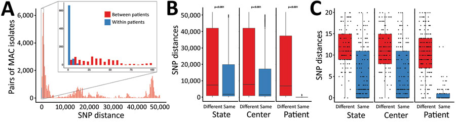Cluster analysis of MAC in persons with cystic fibrosis to identify recent shared ancestry in a study of MAC clusters in cystic fibrosis centers, United States. A) Pairwise SNP distances of Mycobacterium avium and M. intracellulare subsp. chimaera, and M. intracellulare subsp. intracellulare isolates from within same patients (blue) and between different patients (red). B) Pairwise SNP distances of all CFCC MAC by state, CFCC, and patient comparisons. Kruskal–Wallis rank-sum test p values for comparing mean differences between categories are specified above each comparison. C) Pairwise SNP distances of CFCC MAC by state, CFCC, and patient comparisons under the clustering threshold. Box and scatterplots in panels B and C show SNPs between isolates at the same versus different states, same versus different CFCC, and same versus different patients. Horizontal lines within boxes indicate medians; top and bottom of boxes indicate 25th and 75th percentiles; error bars indicate the maximum and minimum values observed in the distribution. CFCC, cystic fibrosis care center; MAC, Mycobacterium avium complex; SNP, single-nucleotide polymorphism.