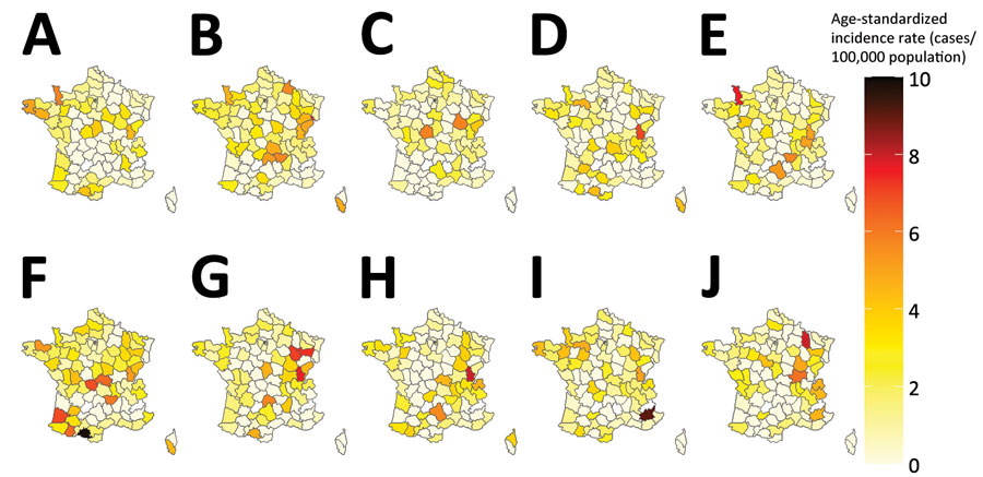 Geographic distribution of age-standardized incidence rates of all reported sporadic Shiga toxin–producing Escherichia coli–associated pediatric hemolytic uremic syndrome cases, France, 2012–2021. A) 2012; B) 2013; C) 2014; D) 2015; E) 2016; F) 2017; G) 2018; H) 2019; I) 2020; J) 2021.