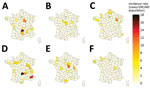 Geographic distribution of age-standardized incidence rates of reported sporadic Shiga toxin–producing Escherichia coli–associated pediatric hemolytic uremic syndrome cases caused by serogroups O26, O80, and O157, France, 2012–2021. A–C) Serogroups O26 (A), O80 (B), and O157 (C) during 2012–2016. D–F) Serogroups O26 (D), O80 (E), and O157 (F) during 2017–2021.