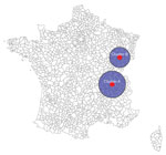 Significant clusters detected by space–time scanning of all reported sporadic Shiga toxin–producing Escherichia coli–associated pediatric hemolytic uremic syndrome cases, France, 2012–2021.