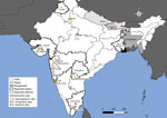 Geographic locations of Schistosoma incognitum passage from humans and autochthonous human schistosomiasis in India and Nepal. Map shows credible reports of urinary or fecal passage of schistosome eggs in India and Nepal from this study and others (1,8–11,14,15). Included patients had no reported travel history to known endemic areas. Where possible, state and district information are provided. 