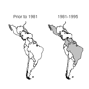 American countries with laboratory-confirmed hemorrhagic fever (shaded areas), prior to 1981 and from 1981 to 1995.