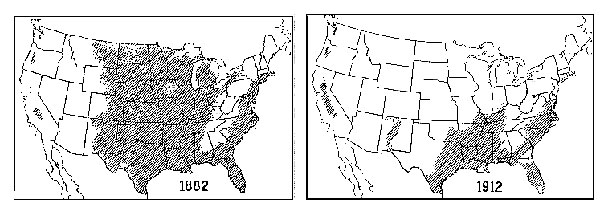 Areas of the United States where malaria was thought to be endemic in 1882 and 1912.