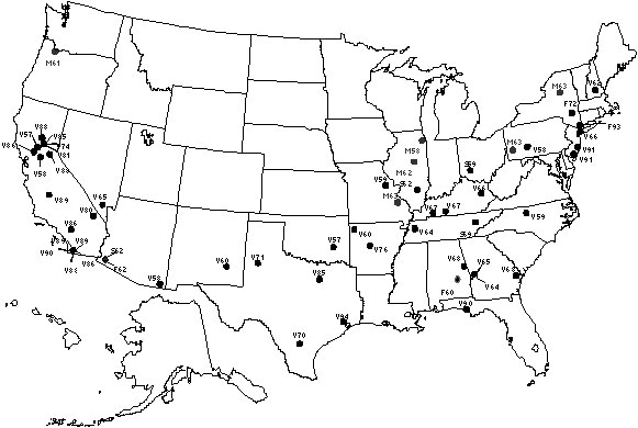 Location of presumed mosquito-borne malaria cases reported from 1957-1994. Each point denotes the location of the episode, the species identified (V = Plasmodium vivax, F = P. Falciparum, M = P. malariae and S = P. sp.), and year of occurance.