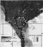 Thumbnail of Mean diurnal temperature differences of southern Nile delta, August 16, 1990, with study village sites superimposed according to Bancroftian filariasis prevalence category.