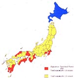 Thumbnail of Geographic distributions of JSF and Tsutsugamushi disease in Japan.