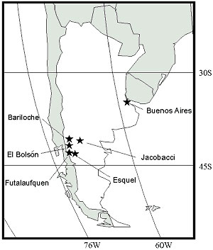 Towns involved in the 1996 HPS outbreak in southern Argentina.