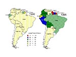Thumbnail of Distribution of malaria in South America (2-5). Color codes correspond to annual parasite indexes as reported by the Pan American Health Organization.