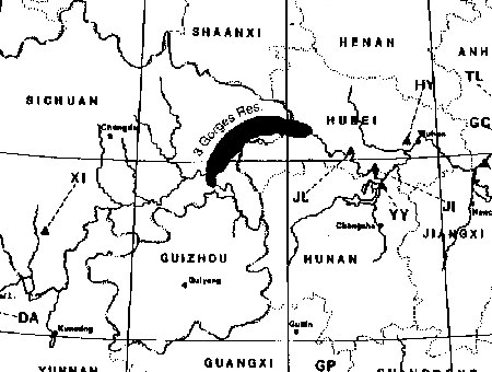 Projected size and location of Three Gorges Reservoir in Sichuan and Hubei Provinces resulting from the Three Gorges Super Dam construction.