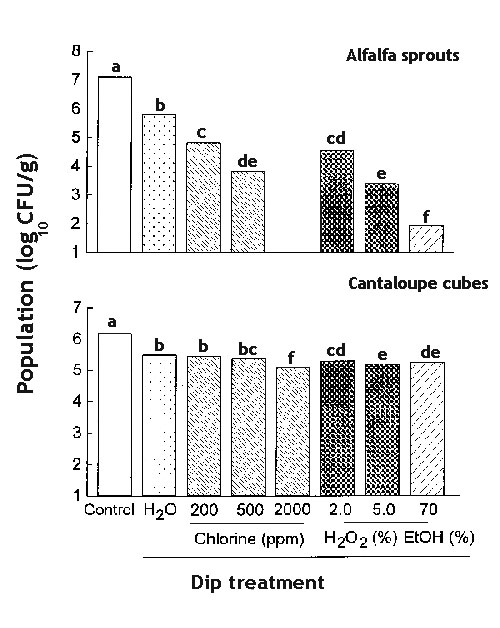 Efficacy of chlorine, hydrogen peroxide, and ethanol in killing Salmonella on alfalfa sprouts and cantaloupe cubes. Bars not noted by the same letter are significantly different (p &lt; 0.05).
