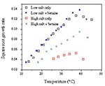 Thumbnail of Effect of betaine on the growth of Escherichia coli in glucose-minimal medium. Without added NaCl the growth rate yield and minimum growth temperature are the same with and without betaine. With 4% NaCl the growth rate and yield are lower without betaine and the actual minimum temperature for growth is approximately 9°C lower than with betaine (K. Krist, unpub. data).