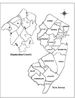 Thumbnail of Map of New Jersey showing Hunterdon County. Black dots indicate tick collection sites.