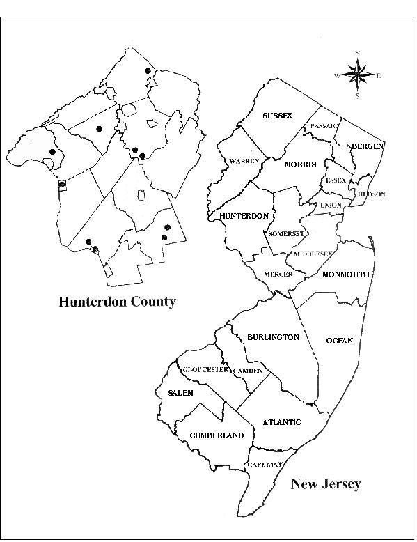 Map of New Jersey showing Hunterdon County. Black dots indicate tick collection sites.