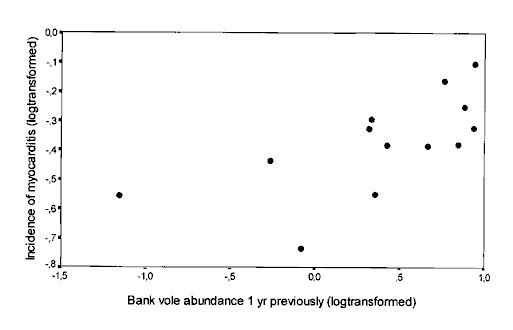 Myocarditis deaths, 1974–1986, relative to bank vole abundance 1 year previously (vole data from 1973-1985). Log transformed data. r = 0.635, n = 13.