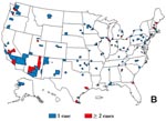 Thumbnail of A. Average annual incidence of Hi invasive disease among persons of all ages, by county, United States, 1994 – 1995. B. Reported number of Hib invasive disease cases among children aged &lt; 4 years, by county, United States, 1994 – 1995.