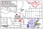 Thumbnail of Locations in Peoria, Illinois, where Aedes albopictus larvae and adults were found and where a La Crosse–positive chipmunk was trapped. Location of oviposition traps are shown, including traps where no Ae. albopictus eggs were deposited. Insets show location of Peoria and of the study sites.