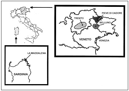 Areas under study, Sardinia and northeastern Alpine areas.