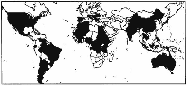 Areas in which murine typhus poses a risk according to seroepidemiologic studies, case series, or imported cases in travelers (1,2,6-13).