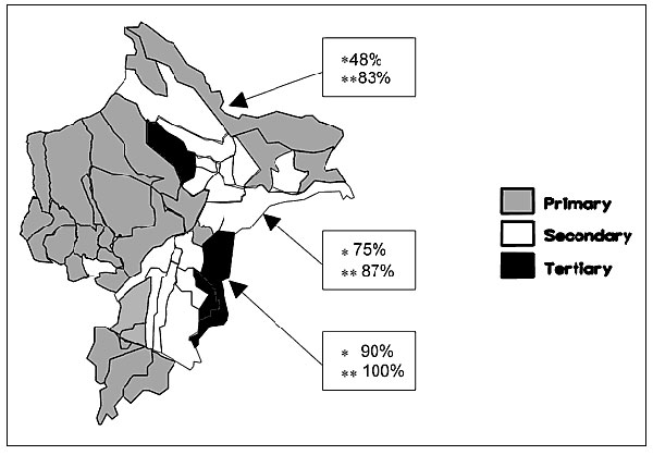 Initial Plasmodium falciparum malaria treatment schemes in Loreto by district. Treatment efficiency* (cases cured/cohort number x 100) and efficacy** (cases cured/[cases cured + resistant cases] x 100) shown for each treatment scheme region. Treatment schemes: Primary-chloroquine; secondary-pyrimethamine-sulfadoxine; tertiary-quinine.