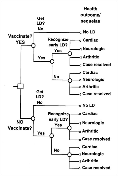 Decision tree to model the cost effectiveness of vaccinating a person against Lyme disease.