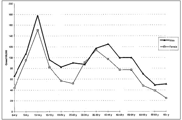 Human rabies postexposure prophylaxis in four New York State counties (Cayuga, Monroe, Onondaga, and Wayne), 1993-94: incidence by gender and age.