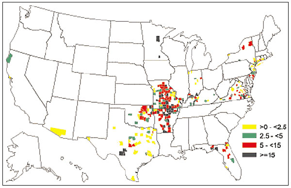 Average annual incidence of reported human monocytic ehrlichiosis (HME) by county, using 1995 population census data (29). Includes states that consider ehrlichiosis notifiable, as well as states that routinely collect information on ehrlichiosis cases. Michigan, South Carolina, and Tennessee are not included because cases of HME and human granulocytic ehrlichiosis were not distinguished by the state health departments. County-specific incidence could not be calculated for North Carolina or Penn
