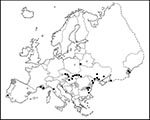 Thumbnail of European distribution of West Nile virus, based on the virus isolation from mosquitoes or vertebrates, including humans (black dots), laboratory-confirmed human or equine cases of West Nile fever (black squares), and presence of antibodies in vertebrates (circles and hatched areas).