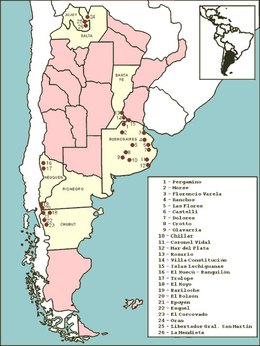 Sites of rodent trapping and human cases in three hantavirus pulmonary syndrome-endemic zones in Argentina.