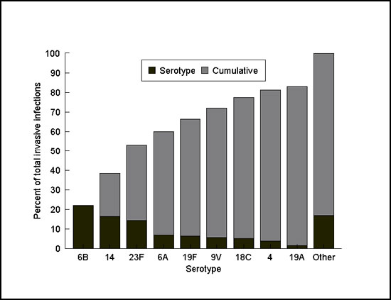 Invasive pneumococcal infections among 173 children ages 2 through 5 years (24-59 months), by serotype. Bottom bar represents proportion of total invasive infections in the cohort caused by each serotype. Top bar depicts cumulative proportion of invasive infections caused by serotypes represented by the bars to the left. Serotypes in the "other" category included 19 serotypes with three or fewer isolates. Two isolates could not be serotyped.