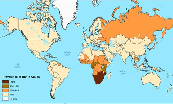 HIV prevalence in adults, 2007