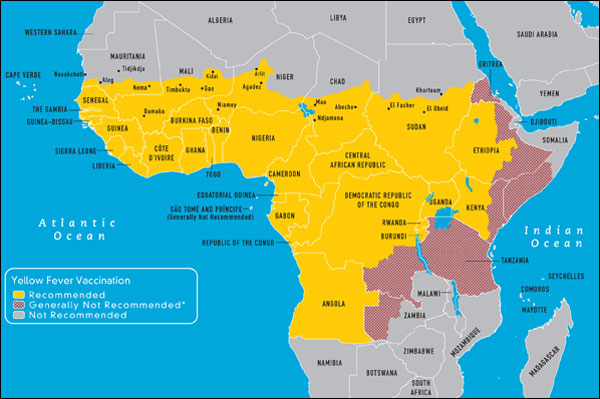 Map 3-18 - Yellow fever vaccine recommendations in Africa, 2010