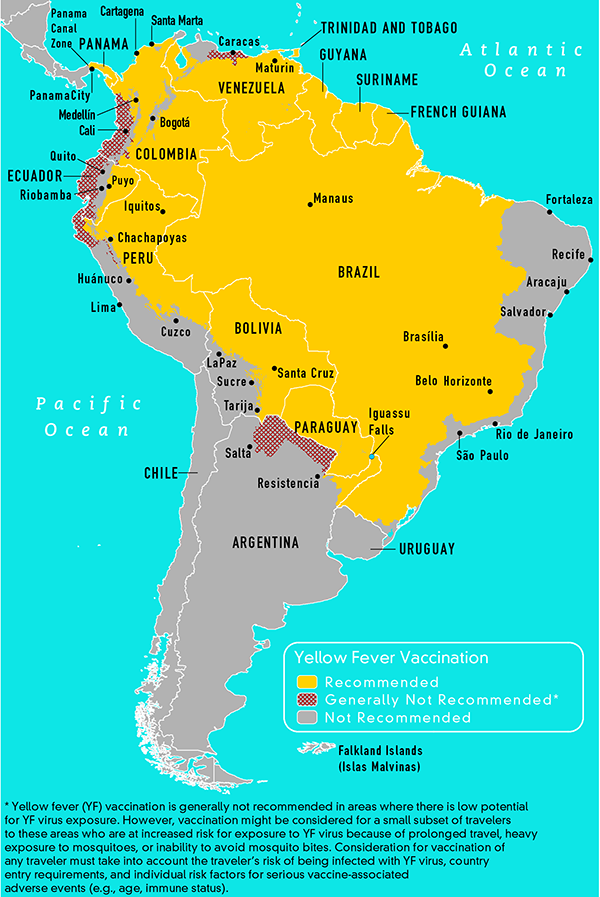 Map 3-19 Yellow fever vaccine recommendations in the Americas, 2010