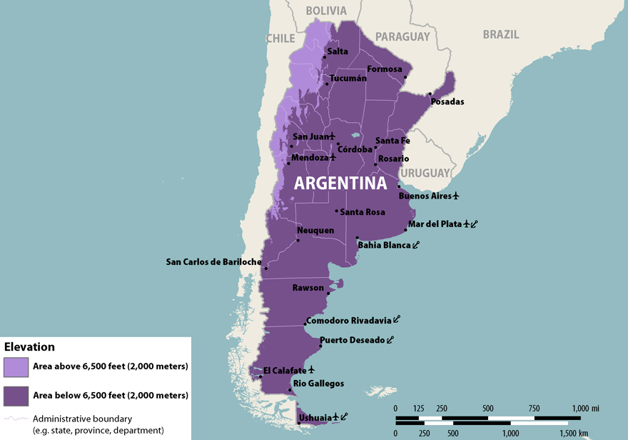 * The categories shown on this map are intended as a general guideline and should not be considered to indicate absolute risk. Elevation may vary within an area to a larger extent than this map can depict. The presence of mosquitoes may change seasonally, with increasing temperatures or rainfall, and may change over time. Travelers to destinations that cross or are near an elevation border may wish to consider the destination as an area of lower elevation. Travelers to high elevations are still at risk of getting Zika from sex. 