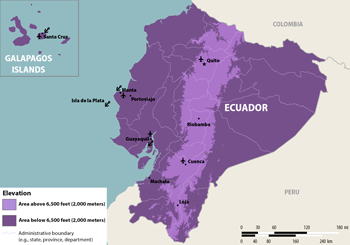 * The categories shown on this map are intended as a general guideline and should not be considered to indicate absolute risk. Elevation may vary within an area to a larger extent than this map can depict. The presence of mosquitoes may change seasonally, with increasing temperatures or rainfall, and may change over time. Travelers to destinations that cross or are near an elevation border may wish to consider the destination as an area of lower elevation. Travelers to high elevations are still at risk of getting Zika from sex.