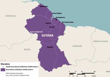 * The categories shown on this map are intended as a general guideline and should not be considered to indicate absolute risk. Elevation may vary within an area to a larger extent than this map can depict. The presence of mosquitoes may change seasonally, with increasing temperatures or rainfall, and may change over time. Travelers to destinations that cross or are near an elevation border may wish to consider the destination as an area of lower elevation. Travelers to high elevations are still at risk of getting Zika from sex.