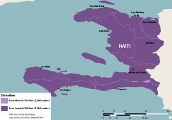 * The categories shown on this map are intended as a general guideline and should not be considered to indicate absolute risk. Elevation may vary within an area to a larger extent than this map can depict. The presence of mosquitoes may change seasonally, with increasing temperatures or rainfall, and may change over time. Travelers to destinations that cross or are near an elevation border may wish to consider the destination as an area of lower elevation. Travelers to high elevations are still at risk of getting Zika from sex.