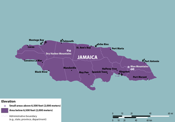 * The categories shown on this map are intended as a general guideline and should not be considered to indicate absolute risk. Elevation may vary within an area to a larger extent than this map can depict. The presence of mosquitoes may change seasonally, with increasing temperatures or rainfall, and may change over time. Travelers to destinations that cross or are near an elevation border may wish to consider the destination as an area of lower elevation. Travelers to high elevations are still at risk of getting Zika from sex.
