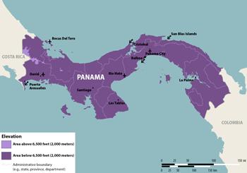 * The categories shown on this map are intended as a general guideline and should not be considered to indicate absolute risk. Elevation may vary within an area to a larger extent than this map can depict. The presence of mosquitoes may change seasonally, with increasing temperatures or rainfall, and may change over time. Travelers to destinations that cross or are near an elevation border may wish to consider the destination as an area of lower elevation. Travelers to high elevations are still at risk of getting Zika from sex.