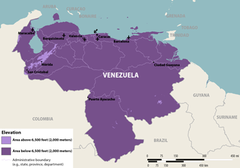 * The categories shown on this map are intended as a general guideline and should not be considered to indicate absolute risk. Elevation may vary within an area to a larger extent than this map can depict. The presence of mosquitoes may change seasonally, with increasing temperatures or rainfall, and may change over time. Travelers to destinations that cross or are near an elevation border may wish to consider the destination as an area of lower elevation. Travelers to high elevations are still at risk of getting Zika from sex.