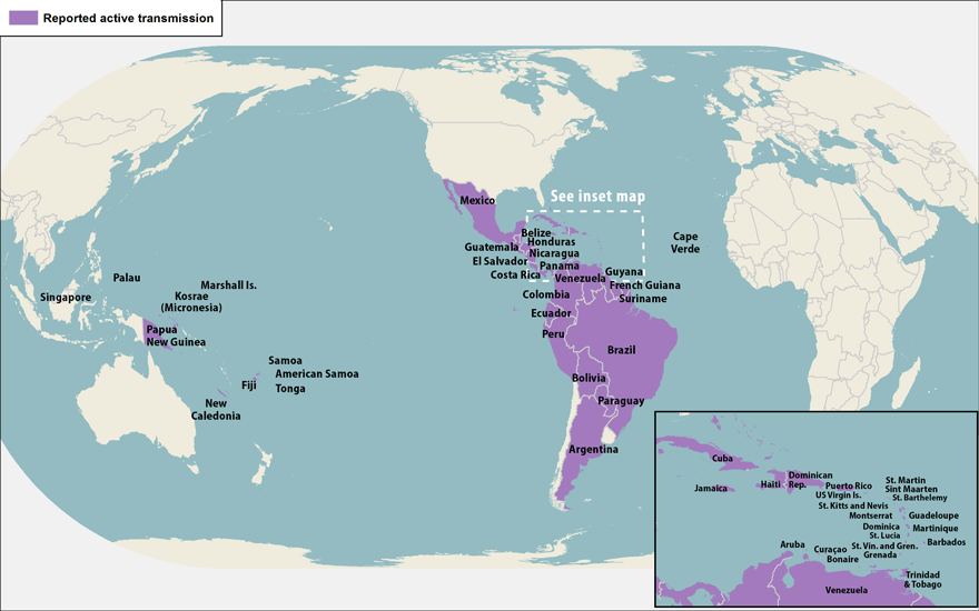 Countries and territories with travel notices reporting active mosquito transmission of Zika virus