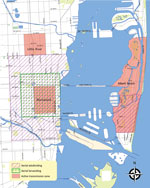 Thumbnail of Locations of declared zones where clusters of locally acquired vectorborne Zika virus transmission were identified and aerial mosquito control activities conducted, Miami-Dade County, Florida, USA, 2016.