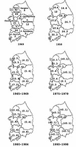 Thumbnail of A. Incidence of Japanese encephalitis (JE) per 100,000, by province, South Korea, 1949 and 1958 (7). B. Incidence of JE per 100,000, by province, South Korea, 1965 to 1998 (modified from 8-11,24).