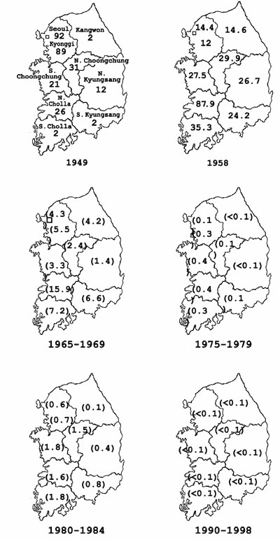 A. Incidence of Japanese encephalitis (JE) per 100,000, by province, South Korea, 1949 and 1958 (7). B. Incidence of JE per 100,000, by province, South Korea, 1965 to 1998 (modified from 8-11,24).