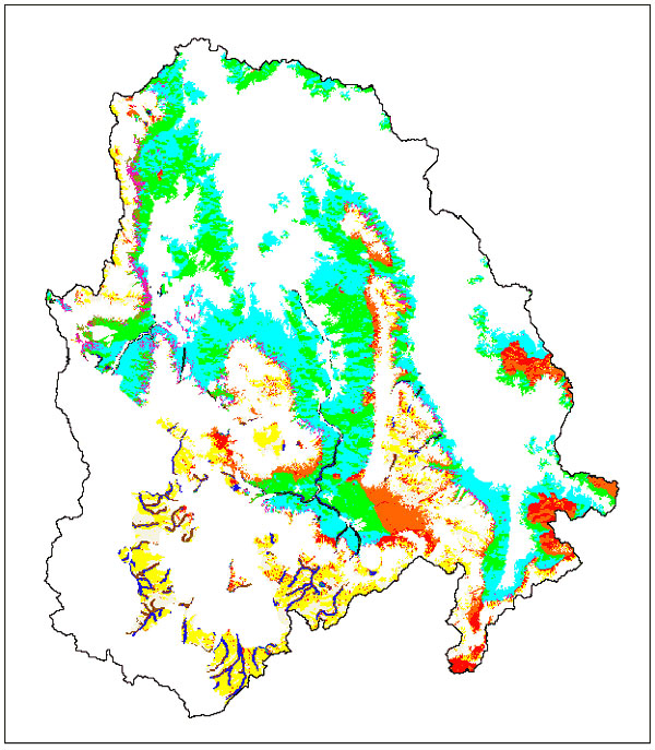 Environmental strata within the mapped extent of the sagebrush-grass scrub vegetation type. Each color represents a unique combination of high or low vegetation density index, standard deviation of vegetation density index, slope, elevation, and distance from stream. White areas represent the other seven vegetation types (strata not shown).