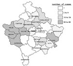 Thumbnail of Total number of confirmed tularemia cases in Kosovo by municipality, July 1999-May 2000. Unshaded areas are Serb minority municipalities from which no data were available.